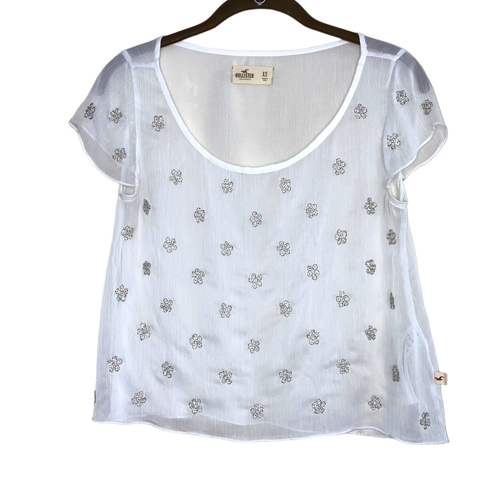 Hollister Sheer White Silver Floral Shaped Embellished Blouse
